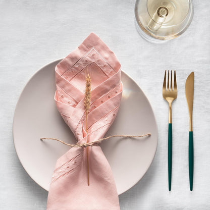 100% Linen Napkins Blush Pink with Embroidered Dot Set of 4, 18 x 18 Inch