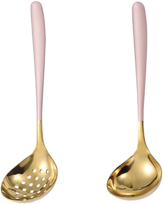 Soup Ladle and Slotted Spoon Colander Set Long Handle Stainless Steel Hotpot Serving Cooking - Pink Gold
