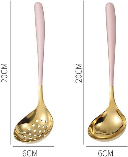 Soup Ladle and Slotted Spoon Colander Set Long Handle Stainless Steel Hotpot Serving Cooking - Pink Gold