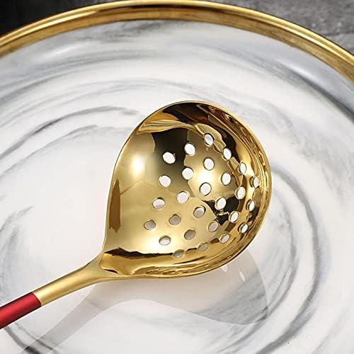 Soup Ladle and Slotted Spoon Colander Set Long Handle Stainless Steel Hotpot Serving Cooking - Pink Gold