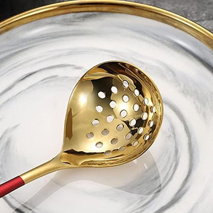 Soup Ladle and Slotted Spoon Colander Set Long Handle Stainless Steel Hotpot Serving Cooking - Pink Gold