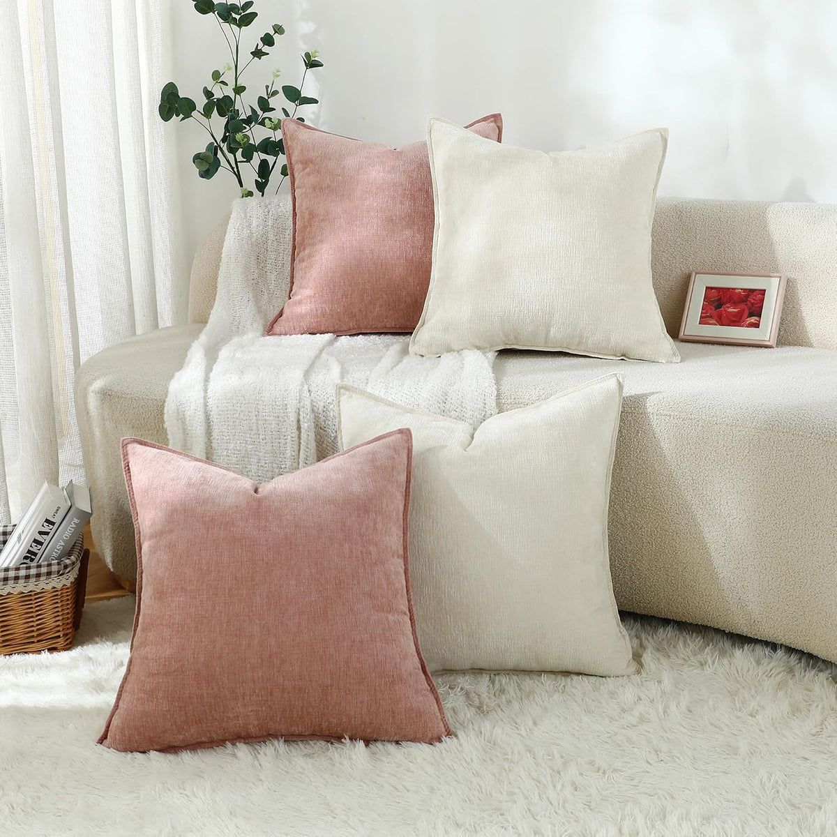 Soft Decorative Chenille Pillow Covers 18x18 Inch Natural Pink Boho Farmhouse Neutral Couch Throw Pillows for Bed Sofa Livingroom Pack of 2 Accent Modern Pillowcase Home Decor