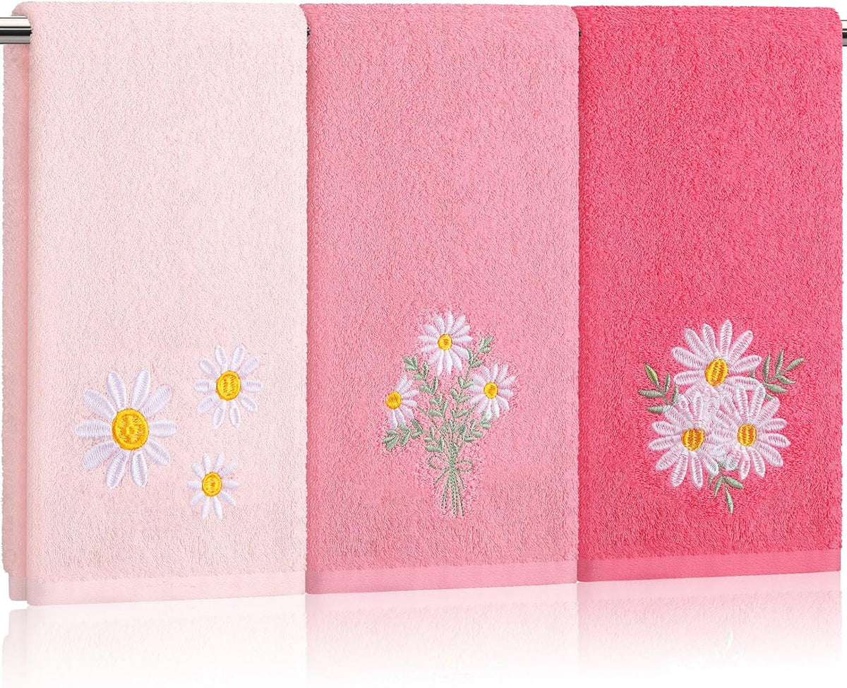 3 Pcs Pink Daisy Floral Hand Towels Flower Bath Towels 14x29 Inch