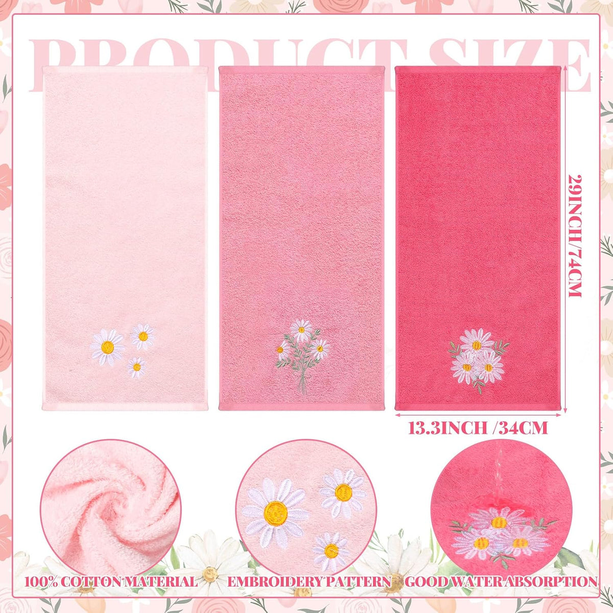 3 Pcs Pink Daisy Floral Hand Towels Flower Bath Towels 14x29 Inch