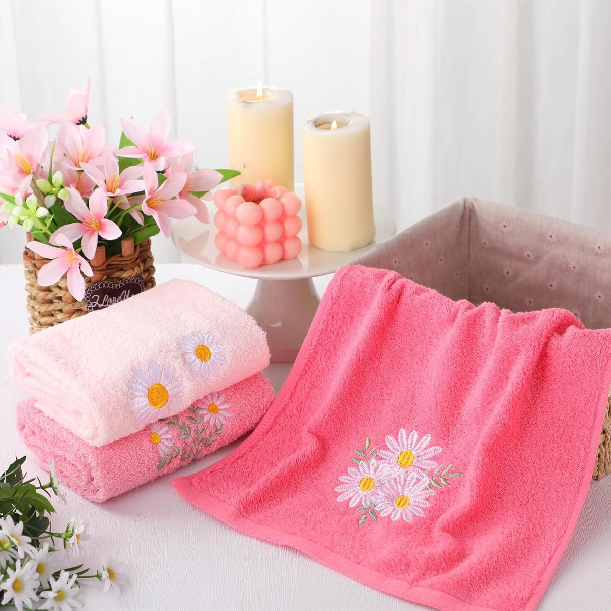 3 Pcs Pink Daisy Floral Hand Towels Flower Bath Towels 14x29 Inch