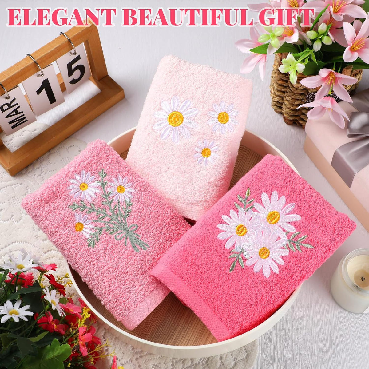 3 Pcs Pink Daisy Floral Hand Towels Flower Bath Towels 14x29 Inch