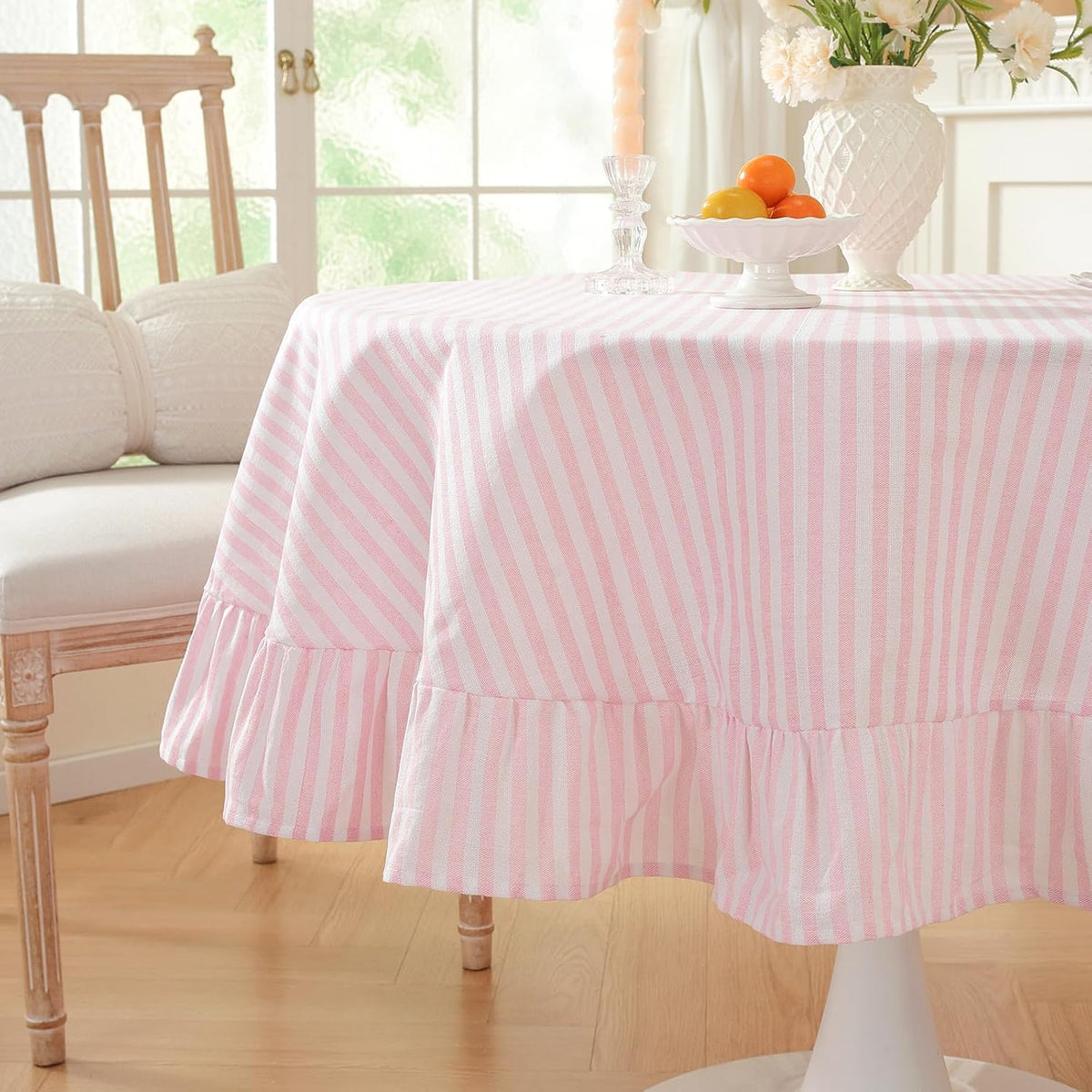 Striped Ruffled Tablecloth Round Spring Cotton Blend Stripe Table Cloth with Tassel, Farmhouse Washable Wrinkle Free Table Cover for Valentines Day Outdoor Picnic Party Dining, Pink, 60'' Round