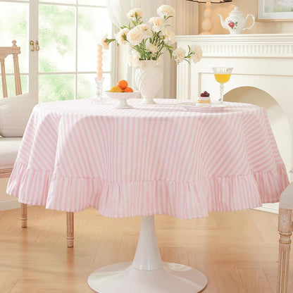 Striped Ruffled Tablecloth Round Spring Cotton Blend Stripe Table Cloth with Tassel, Farmhouse Washable Wrinkle Free Table Cover for Valentines Day Outdoor Picnic Party Dining, Pink, 60'' Round