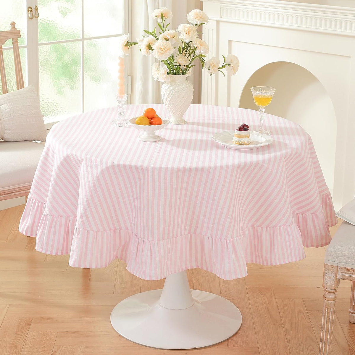 Striped Ruffled Tablecloth Round Spring Cotton Blend Stripe Table Cloth with Tassel, Farmhouse Washable Wrinkle Free Table Cover for Valentines Day Outdoor Picnic Party Dining, Pink, 60'' Round