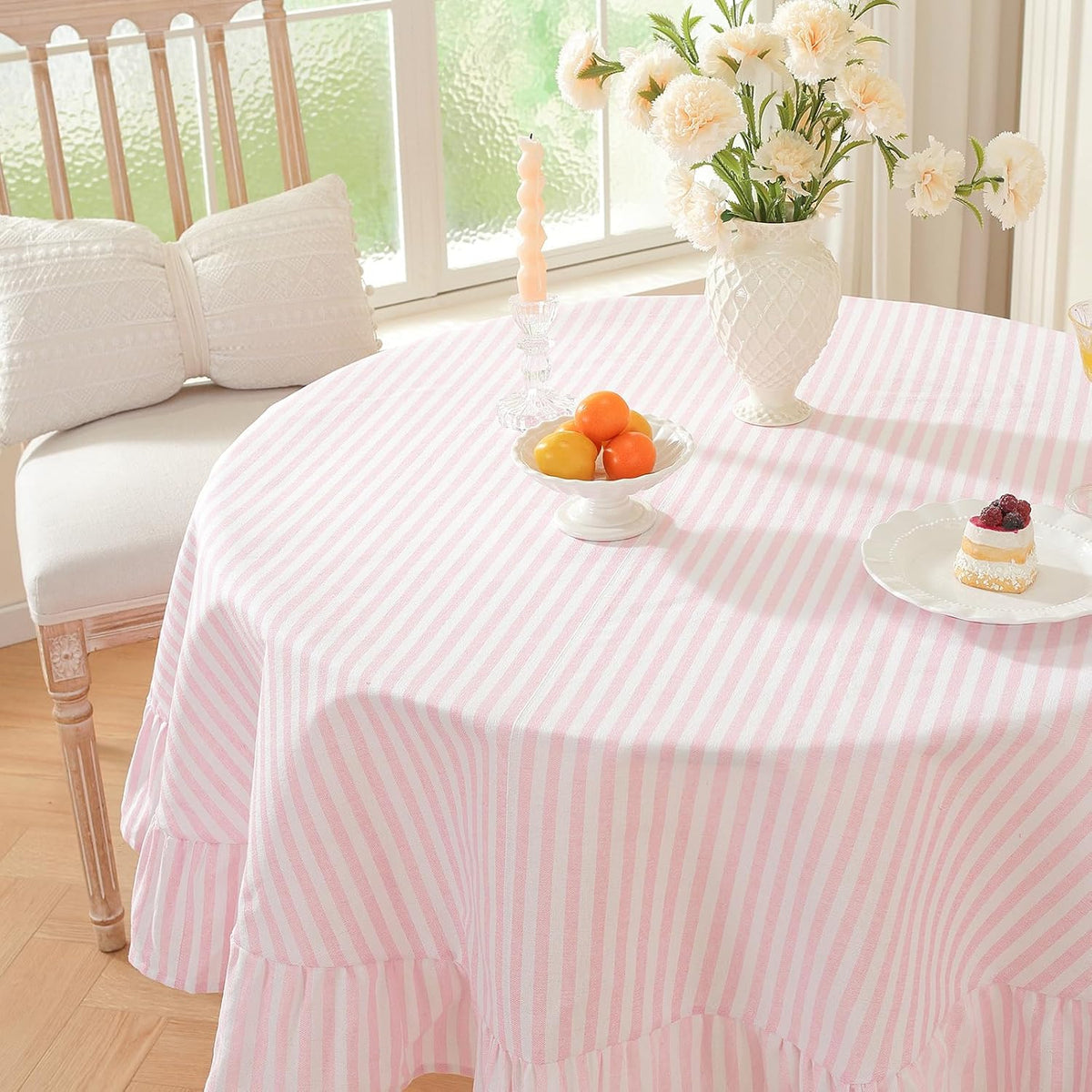 Striped Ruffled Tablecloth Round Spring Cotton Blend Stripe Table Cloth with Tassel, Farmhouse Washable Wrinkle Free Table Cover for Valentines Day Outdoor Picnic Party Dining, Pink, 60'' Round