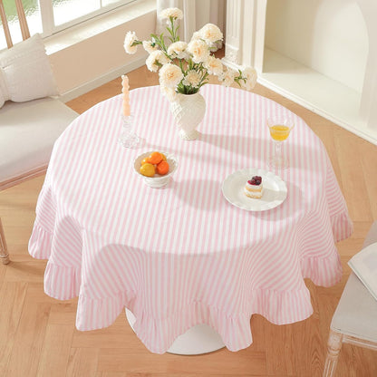 Striped Ruffled Tablecloth Round Spring Cotton Blend Stripe Table Cloth with Tassel, Farmhouse Washable Wrinkle Free Table Cover for Valentines Day Outdoor Picnic Party Dining, Pink, 60'' Round