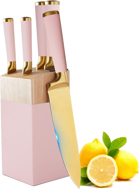 Kitchen Knife Set with Block and Sharpener, 7-Piece Knife Set for Chef, Pink Knife Holder Set, Gold-Plated Stainless Steel Kitchen Knife, Ergonomically Designed (Pink)