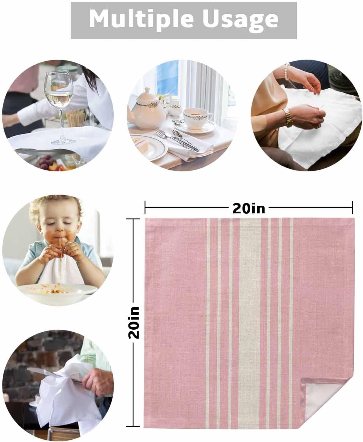 Pink Beige Striped Cloth Napkins Set of 4, Modern Farmhouse Retro Lines Washable Reusable Dinner Cocktail Napkin for Kitchen Party Wedding Banquet Holiday Baby Shower Table Decor