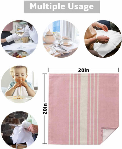Pink Beige Striped Cloth Napkins Set of 4, Modern Farmhouse Retro Lines Washable Reusable Dinner Cocktail Napkin for Kitchen Party Wedding Banquet Holiday Baby Shower Table Decor