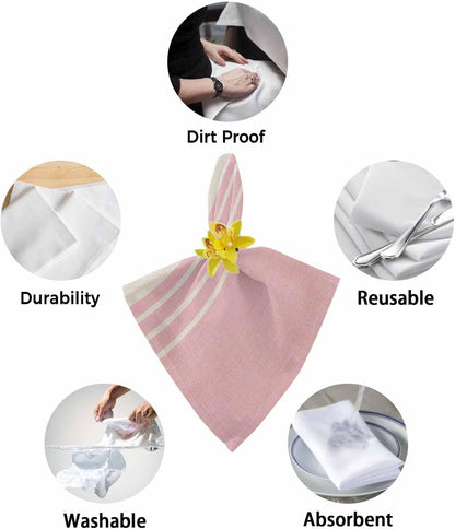 Pink Beige Striped Cloth Napkins Set of 4, Modern Farmhouse Retro Lines Washable Reusable Dinner Cocktail Napkin for Kitchen Party Wedding Banquet Holiday Baby Shower Table Decor