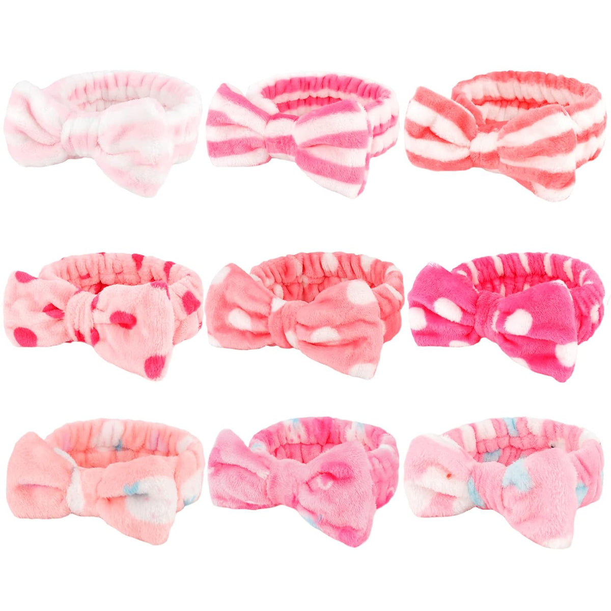 9 Pack Pink Microfiber Hairband for Washing Face, Makeup Headband Skincare Headbands with Cute Bow, Fluffy Face Wash Headband for Women