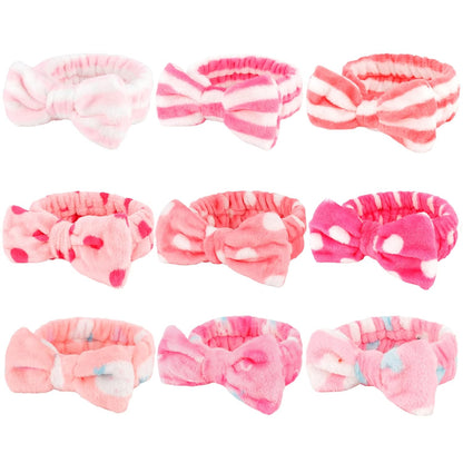 9 Pack Pink Microfiber Hairband for Washing Face, Makeup Headband Skincare Headbands with Cute Bow, Fluffy Face Wash Headband for Women