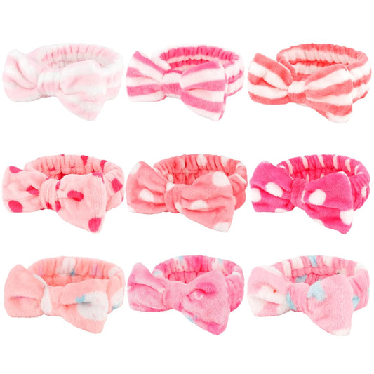 9 Pack Pink Microfiber Hairband for Washing Face, Makeup Headband Skincare Headbands with Cute Bow, Fluffy Face Wash Headband for Women