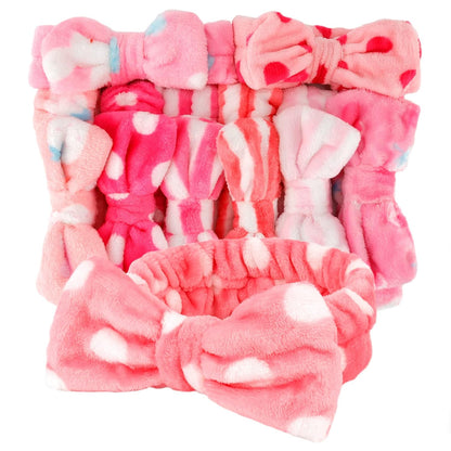 9 Pack Pink Microfiber Hairband for Washing Face, Makeup Headband Skincare Headbands with Cute Bow, Fluffy Face Wash Headband for Women