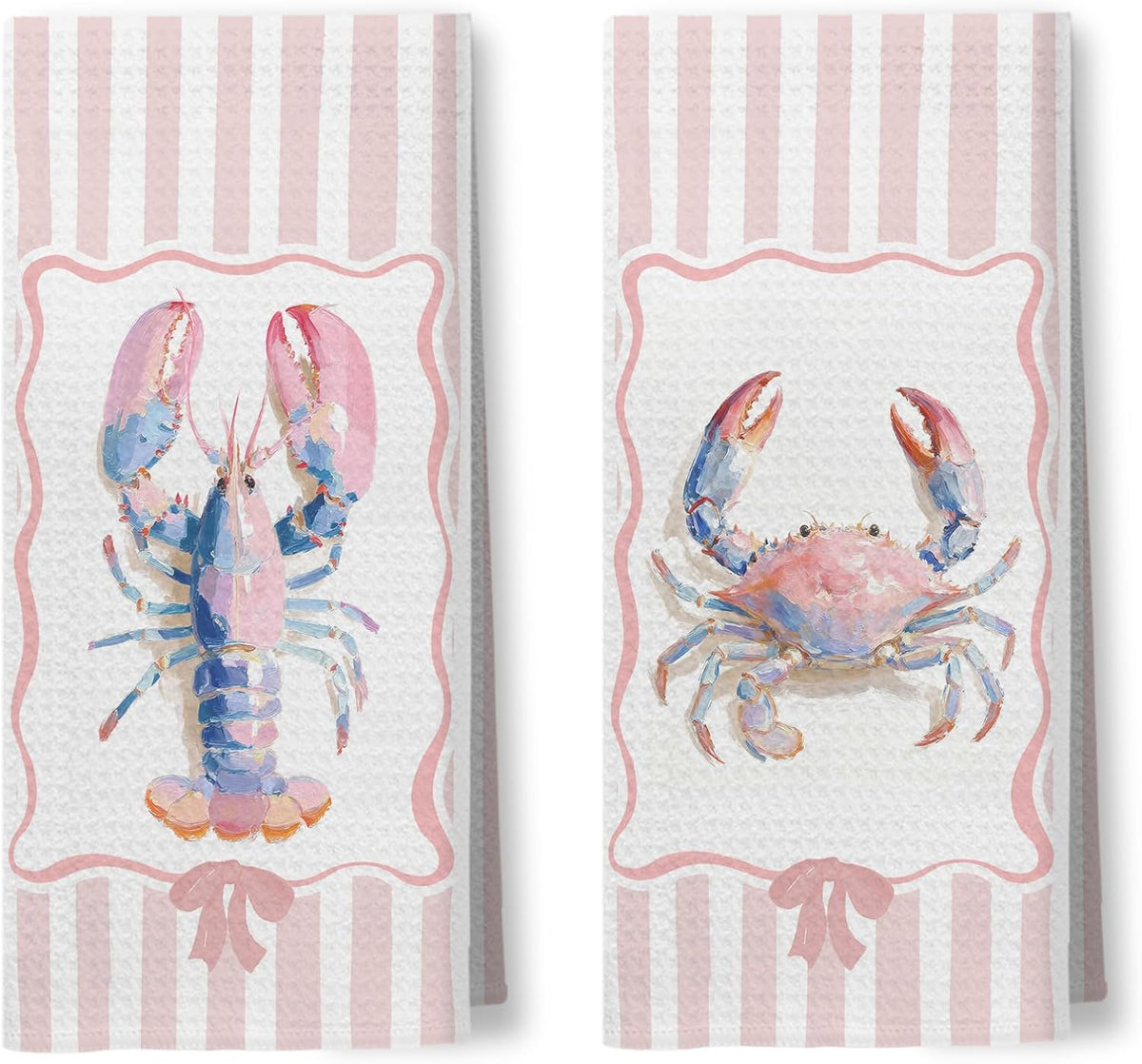 Pink Pastel Lobster Crab Kitchen Towels, Nautical Beach Hand Towels for Bathroom, Coquette Pink Striped Coastal Dish Tea Towel for Kitchen Decor, 16x24 Inch Set of 2