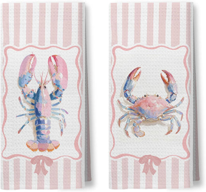 Pink Pastel Lobster Crab Kitchen Towels, Nautical Beach Hand Towels for Bathroom, Coquette Pink Striped Coastal Dish Tea Towel for Kitchen Decor, 16x24 Inch Set of 2