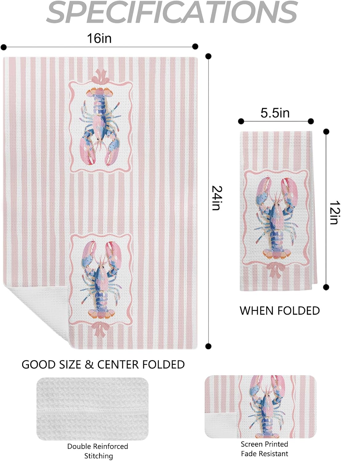 Pink Pastel Lobster Crab Kitchen Towels, Nautical Beach Hand Towels for Bathroom, Coquette Pink Striped Coastal Dish Tea Towel for Kitchen Decor, 16x24 Inch Set of 2