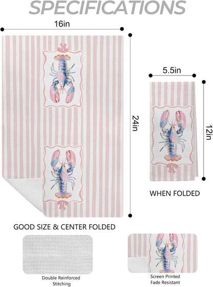 Pink Pastel Lobster Crab Kitchen Towels, Nautical Beach Hand Towels for Bathroom, Coquette Pink Striped Coastal Dish Tea Towel for Kitchen Decor, 16x24 Inch Set of 2