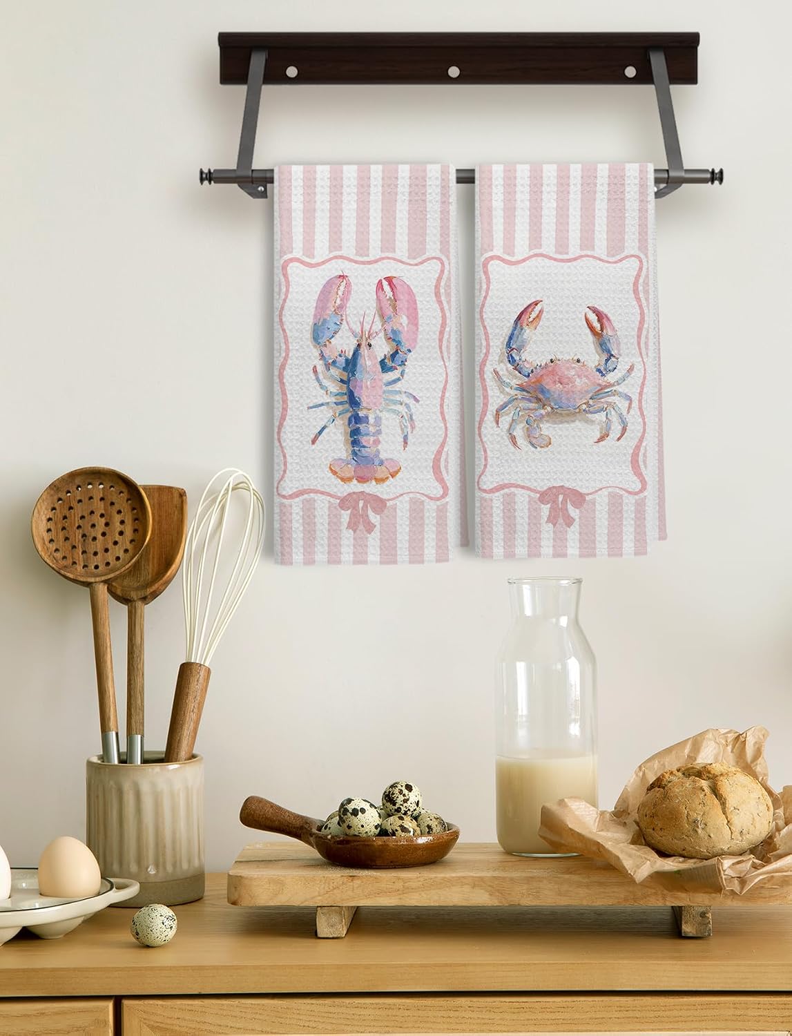 Pink Pastel Lobster Crab Kitchen Towels, Nautical Beach Hand Towels for Bathroom, Coquette Pink Striped Coastal Dish Tea Towel for Kitchen Decor, 16x24 Inch Set of 2