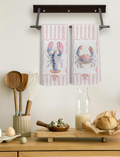 Pink Pastel Lobster Crab Kitchen Towels, Nautical Beach Hand Towels for Bathroom, Coquette Pink Striped Coastal Dish Tea Towel for Kitchen Decor, 16x24 Inch Set of 2