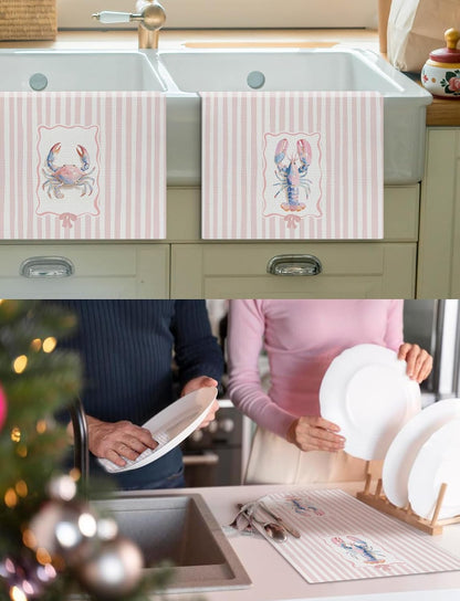 Pink Pastel Lobster Crab Kitchen Towels, Nautical Beach Hand Towels for Bathroom, Coquette Pink Striped Coastal Dish Tea Towel for Kitchen Decor, 16x24 Inch Set of 2
