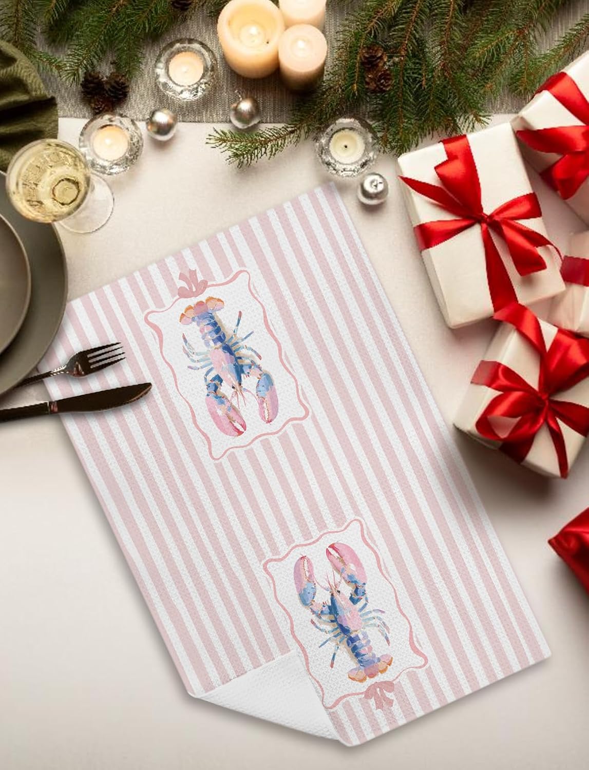 Pink Pastel Lobster Crab Kitchen Towels, Nautical Beach Hand Towels for Bathroom, Coquette Pink Striped Coastal Dish Tea Towel for Kitchen Decor, 16x24 Inch Set of 2