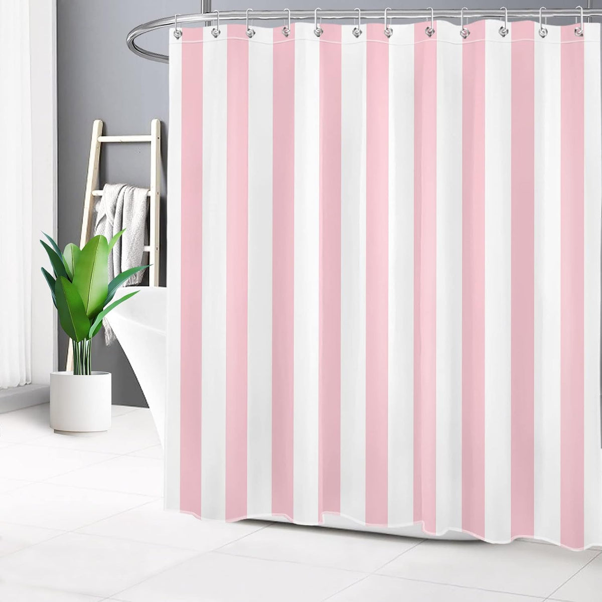 Pink and White Striped Fabric Shower Curtain for Bathroom with 12 Hooks, Vertical Stripe Geometric Shower Curtains for Bathroom, Modern Farmhouse Chic Style Bathroom Shower Curtains, 72x72 Inch