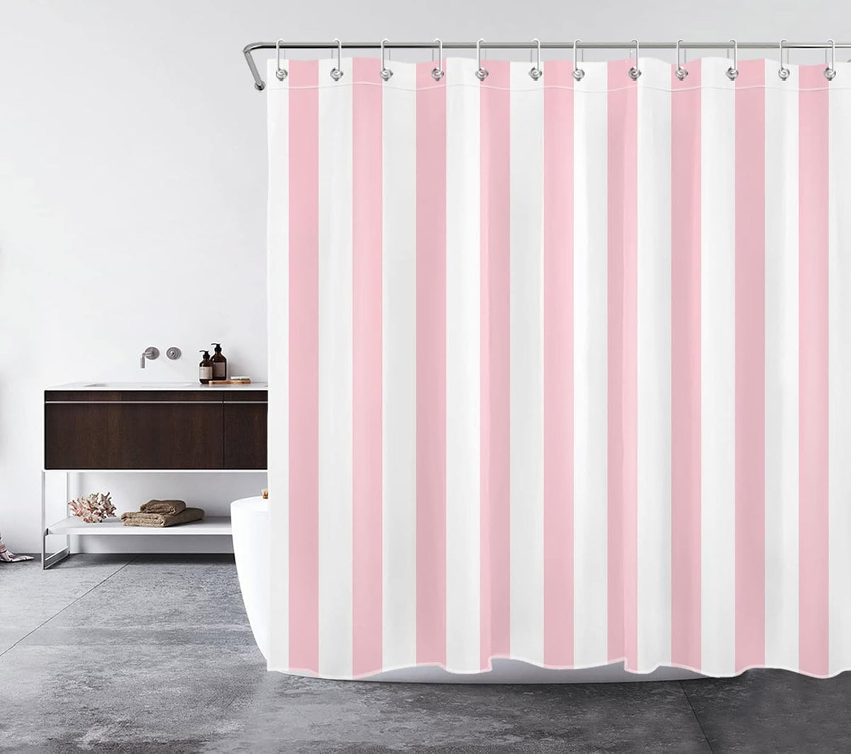 Pink and White Striped Fabric Shower Curtain for Bathroom with 12 Hooks, Vertical Stripe Geometric Shower Curtains for Bathroom, Modern Farmhouse Chic Style Bathroom Shower Curtains, 72x72 Inch