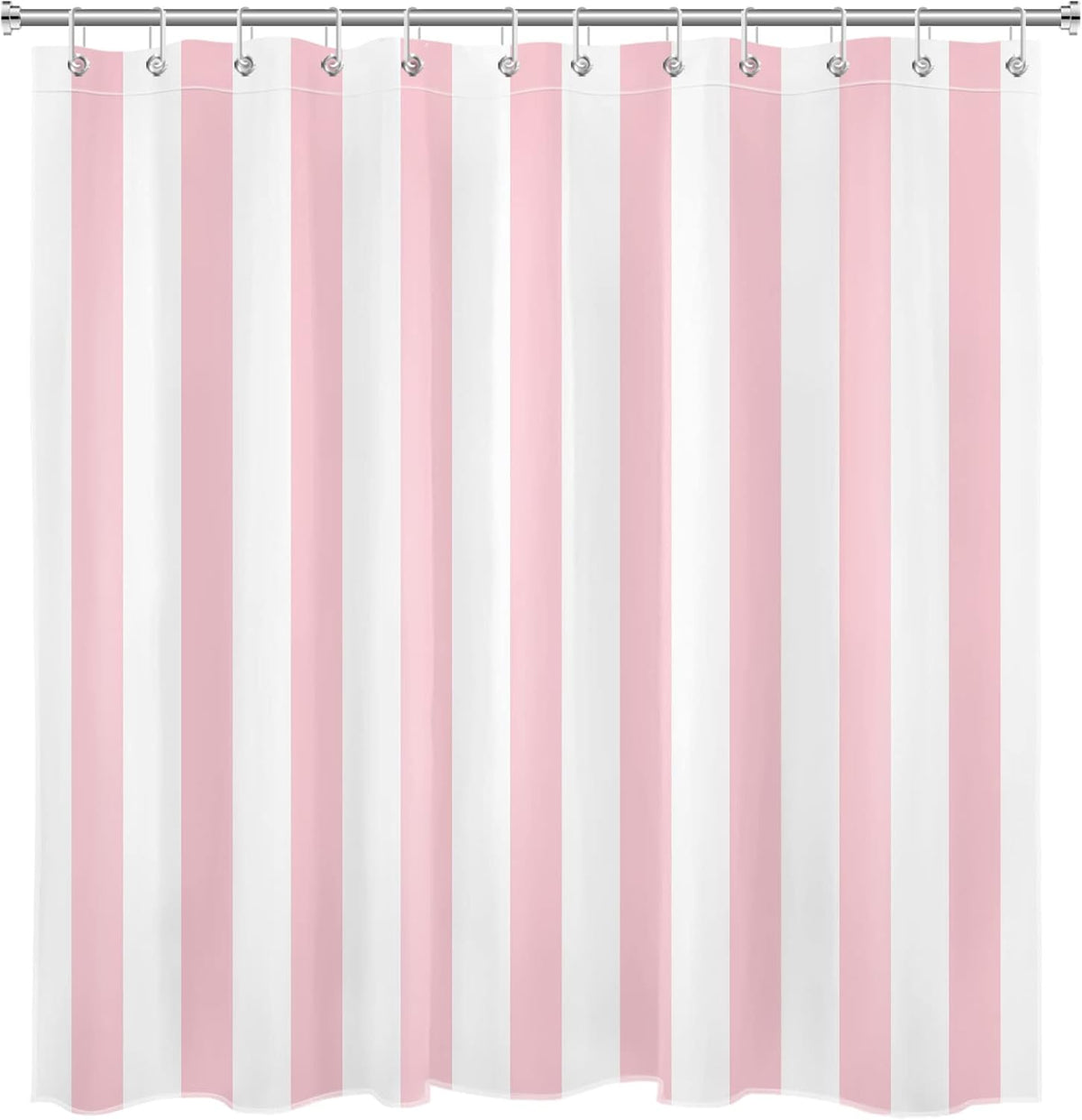 Pink and White Striped Fabric Shower Curtain for Bathroom with 12 Hooks, Vertical Stripe Geometric Shower Curtains for Bathroom, Modern Farmhouse Chic Style Bathroom Shower Curtains, 72x72 Inch