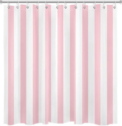 Pink and White Striped Fabric Shower Curtain for Bathroom with 12 Hooks, Vertical Stripe Geometric Shower Curtains for Bathroom, Modern Farmhouse Chic Style Bathroom Shower Curtains, 72x72 Inch