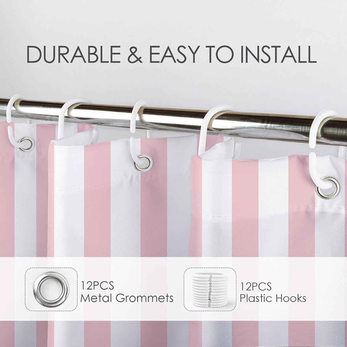 Pink and White Striped Fabric Shower Curtain for Bathroom with 12 Hooks, Vertical Stripe Geometric Shower Curtains for Bathroom, Modern Farmhouse Chic Style Bathroom Shower Curtains, 72x72 Inch