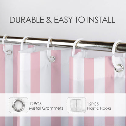 Pink and White Striped Fabric Shower Curtain for Bathroom with 12 Hooks, Vertical Stripe Geometric Shower Curtains for Bathroom, Modern Farmhouse Chic Style Bathroom Shower Curtains, 72x72 Inch