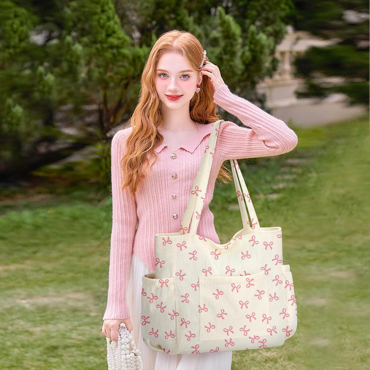 Corduroy Tote Bag for Women,Large Capacity Cute Tote Bags With 6 Pockets,Crossbody Shoulder Handbag for Work Travel Gym