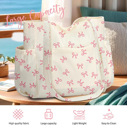 Corduroy Tote Bag for Women,Large Capacity Cute Tote Bags With 6 Pockets,Crossbody Shoulder Handbag for Work Travel Gym