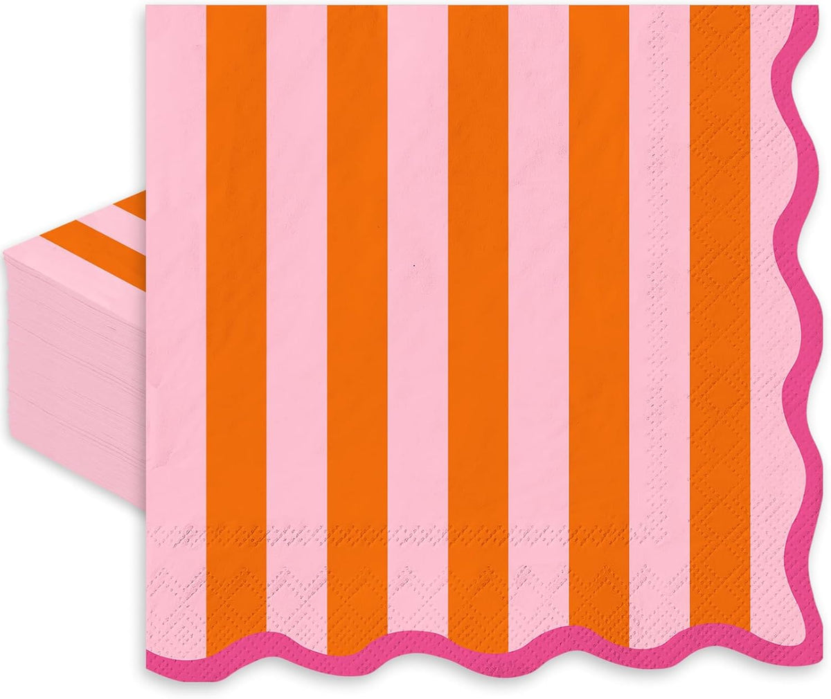 50 Pcs Pink Orange Cocktail Napkin Disposable Paper Napkin Stripe Scalloped Drink Beverage Napkins for Home Party Table Supplies Decor