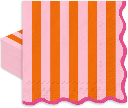 50 Pcs Pink Orange Cocktail Napkin Disposable Paper Napkin Stripe Scalloped Drink Beverage Napkins for Home Party Table Supplies Decor