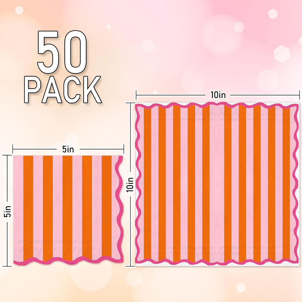 50 Pcs Pink Orange Cocktail Napkin Disposable Paper Napkin Stripe Scalloped Drink Beverage Napkins for Home Party Table Supplies Decor
