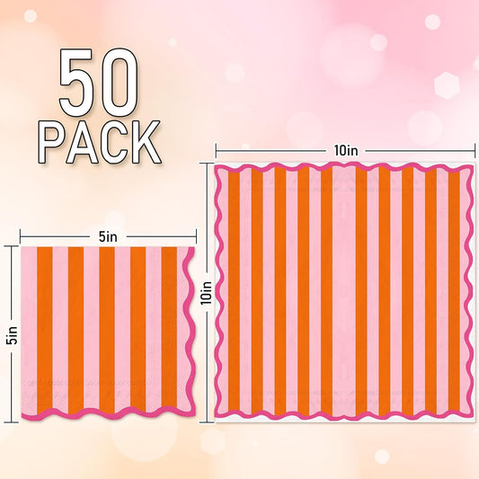 50 Pcs Pink Orange Cocktail Napkin Disposable Paper Napkin Stripe Scalloped Drink Beverage Napkins for Home Party Table Supplies Decor