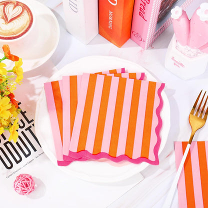 50 Pcs Pink Orange Cocktail Napkin Disposable Paper Napkin Stripe Scalloped Drink Beverage Napkins for Home Party Table Supplies Decor