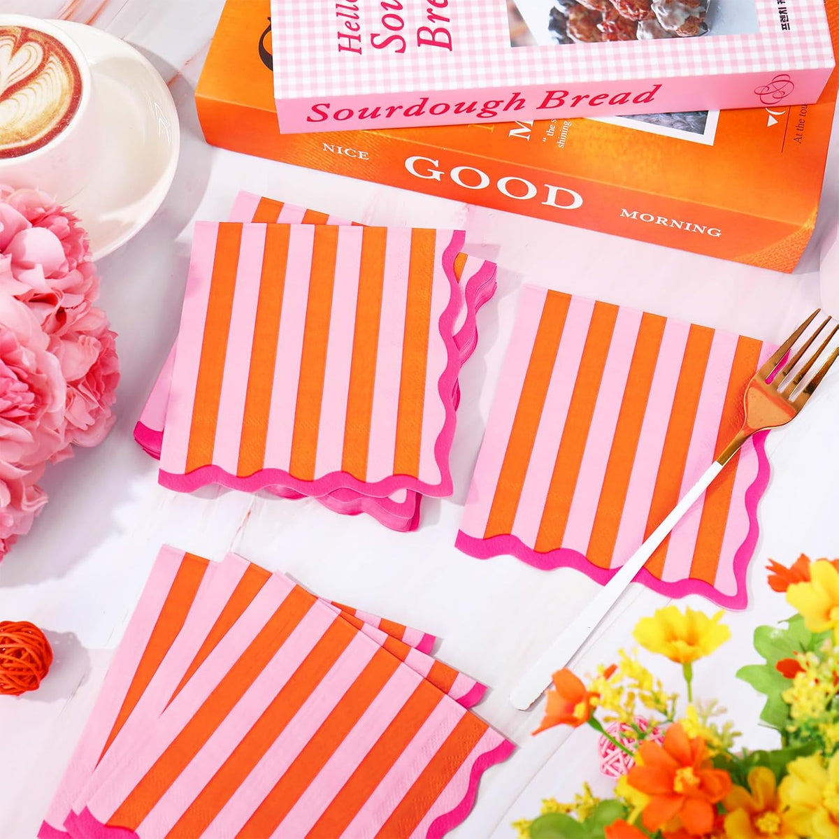 50 Pcs Pink Orange Cocktail Napkin Disposable Paper Napkin Stripe Scalloped Drink Beverage Napkins for Home Party Table Supplies Decor
