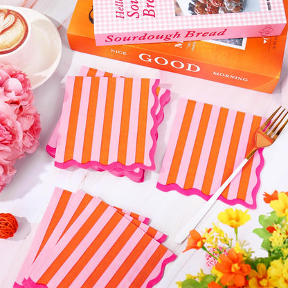 50 Pcs Pink Orange Cocktail Napkin Disposable Paper Napkin Stripe Scalloped Drink Beverage Napkins for Home Party Table Supplies Decor