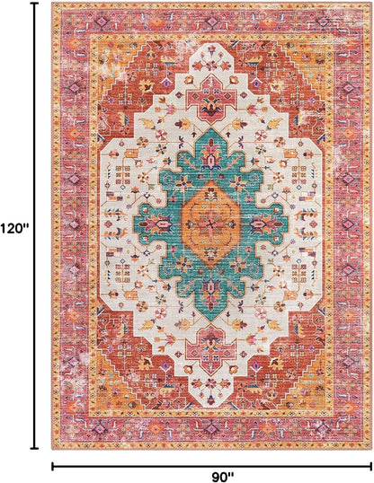 Ultra-Thin Pink Area Rug - 8x10 Bedroom Living Room Rug Non-Slip Non-Shedding Nursery Mat, Indoor Oriental Medallion Floor Carpet for Dining Room Entryway Playroom