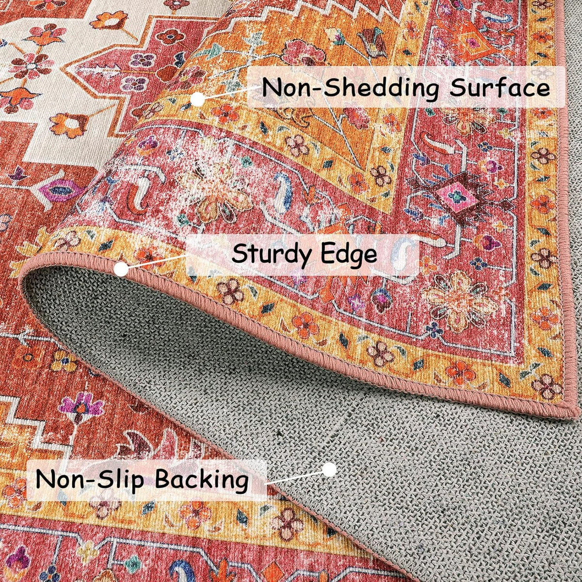 Ultra-Thin Pink Area Rug - 8x10 Bedroom Living Room Rug Non-Slip Non-Shedding Nursery Mat, Indoor Oriental Medallion Floor Carpet for Dining Room Entryway Playroom