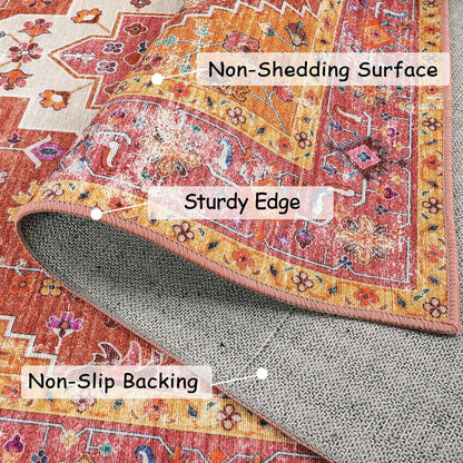 Ultra-Thin Pink Area Rug - 8x10 Bedroom Living Room Rug Non-Slip Non-Shedding Nursery Mat, Indoor Oriental Medallion Floor Carpet for Dining Room Entryway Playroom