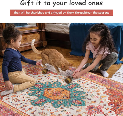 Ultra-Thin Pink Area Rug - 8x10 Bedroom Living Room Rug Non-Slip Non-Shedding Nursery Mat, Indoor Oriental Medallion Floor Carpet for Dining Room Entryway Playroom